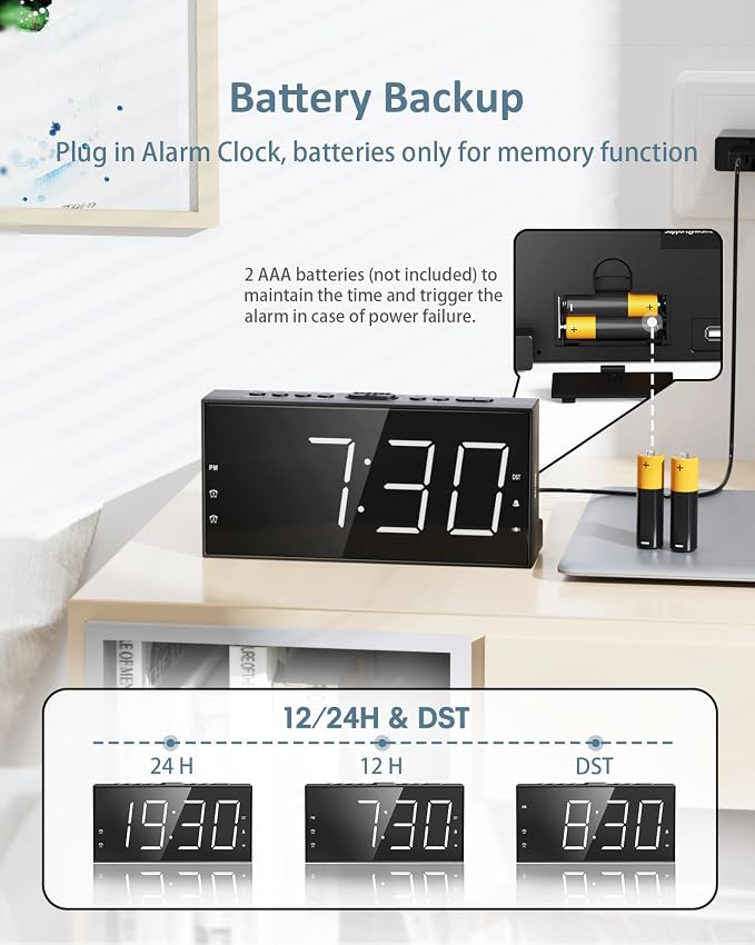 Alarm Clock for Heavy Sleepers with Bed Shaker, Vibrating Alarm Clock | Dual Alarms, USB Charger, 7.5" Large LED Display, 5 Dimmer, Snooze, 12/24H &DST, Plug in Clock with Memory Function - Image 6