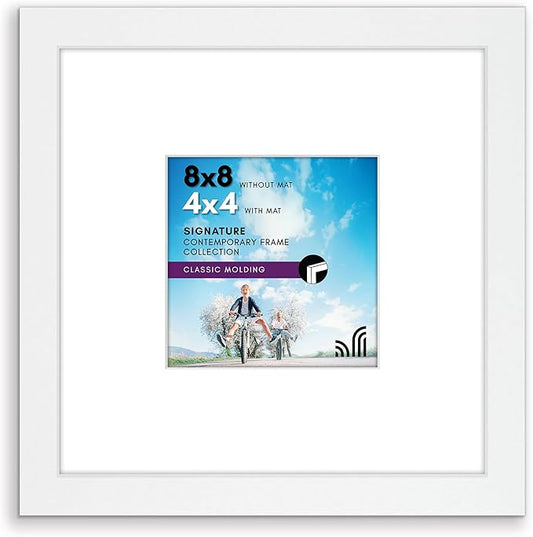 Americanflat 8x8 Picture Frame with Shatter-Resistant Glass - Use as 4x4 Frame with Mat or Display 8x8 Photo Without Mat - Signature Collection - Square Frames for Tabletop and Wall Display - White