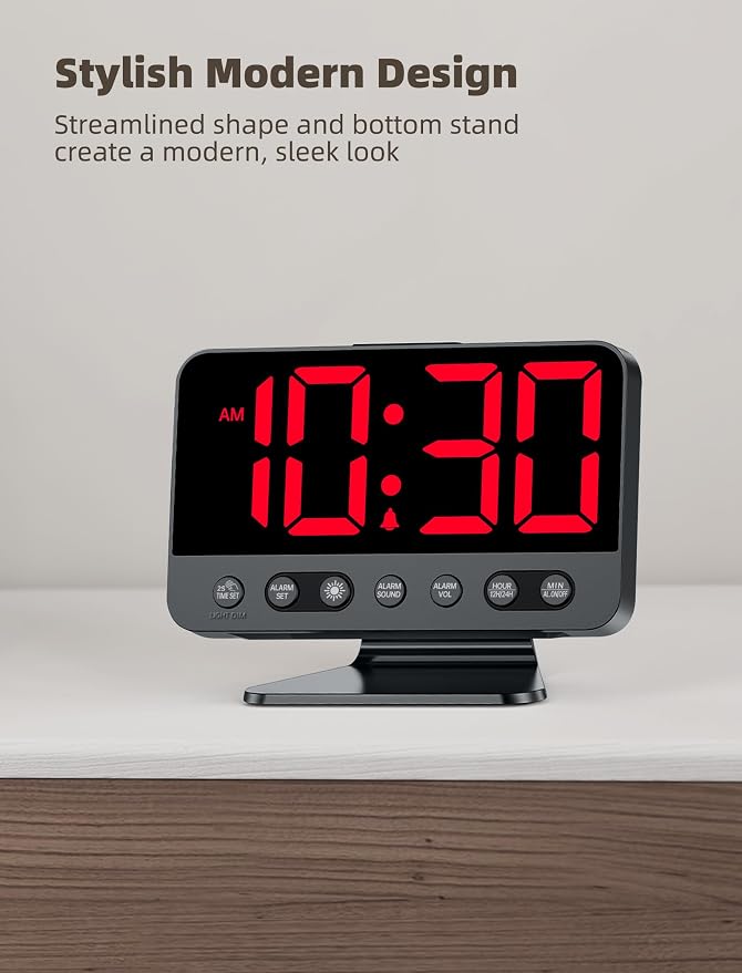 Odokee Digital Alarm Clocks for Bedrooms with Large Bold Number | Electric Desk Clock with Night Light & Brightness Dimmer - Loud Alarm for Heavy Sleepers with Adjustable Volume - Red - Image 7