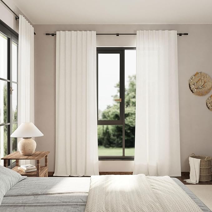 Nanspring Beige White Linen Curtains for Living Room 78 Inches Long Back Tab and Rod Pocket Light Filtering Semi Sheer Curtain Rustic Farmhouse Decor Luxury Drapes for Bedroom Office 52x78, 2 Panels