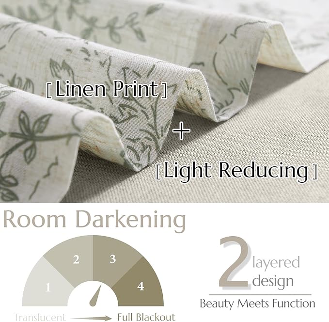 jinchan Linen Floral Valance Double Layer Kitchen Window Curtain Green Flower on Beige Valance for Living Room Cafe Farmhouse Light Filtering Rustic French Country Sage 18 Inch Rod Pocket 1 Panel