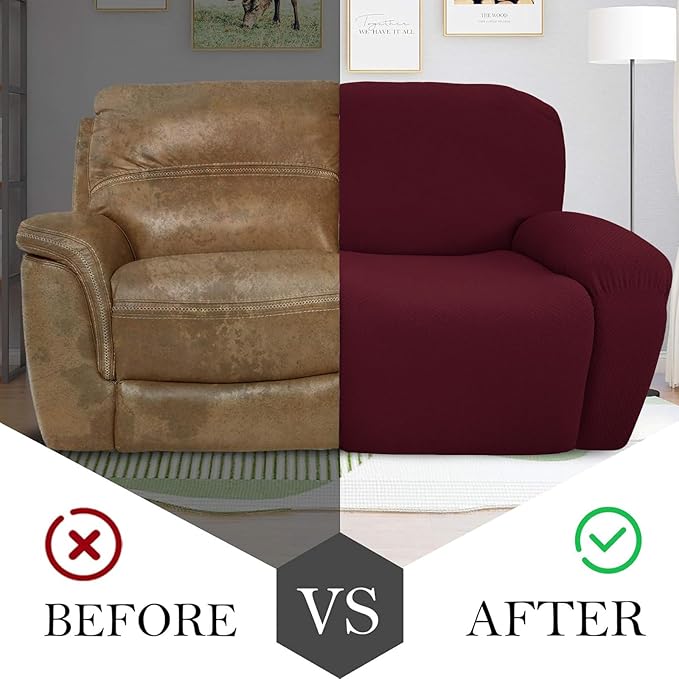 JIVINER 6-Piece Loveseat Recliner Slipcover Stretch Jacquard Recliner Sofa Cover 2 Seater Washable Reclining Couch Cover with Pocket Fitted Furniture Protector Cover (Loveseat Recliner, Wine Red)