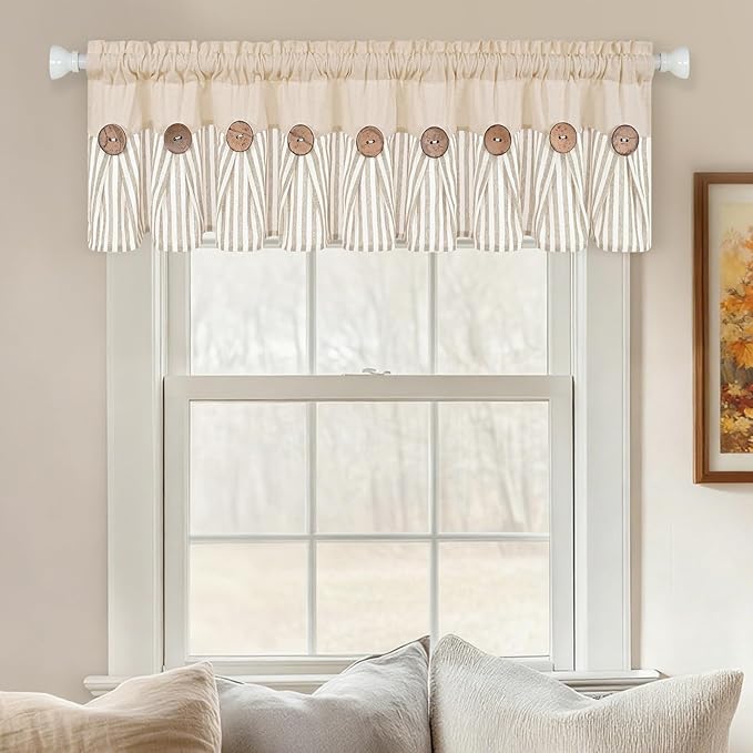 ASPMIZ Farmhouse Cotton Linen Valances for Windows, Boho Kitchen Curtains Valances with Rustic Button, Khaki Striped Window Treatments Curtain Valance for Bathroom Cafe, 60 x 14 Inch, 1 Pannel