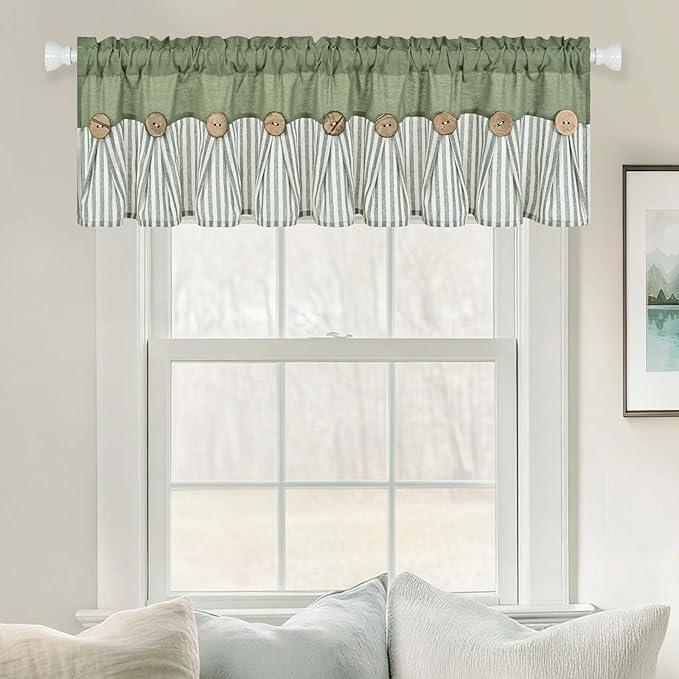 ASPMIZ Farmhouse Cotton Linen Valances for Windows, Boho Kitchen Curtains Valances with Rustic Button, Green Striped Window Treatments Curtain Valance for Bathroom Cafe, 60 x 14 Inch, 1 Pannel