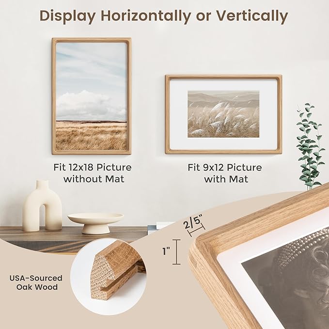 Fun Memories 12x18 Poster Frame, USA-Sourced Oak Wood Picture Frame with HD Tempered Glass, Handcrafted Rounded Corner 12 x 18 Wooden Frames Matted to 9x12 Photos, Horizontal or Vertical Wall Display