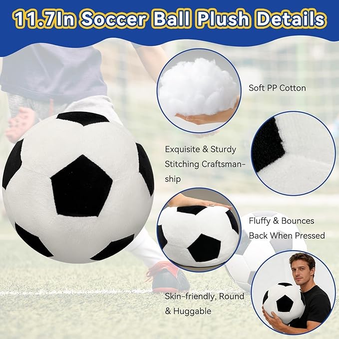 Fluffy Soccer Pillow - 11.7" Orbicular Durable Soccer Ball Plush, Soft Stuffed Soccer Decorative Pillows for Couch & Bedroom, Sports Gift for Soccer Enthusiasts