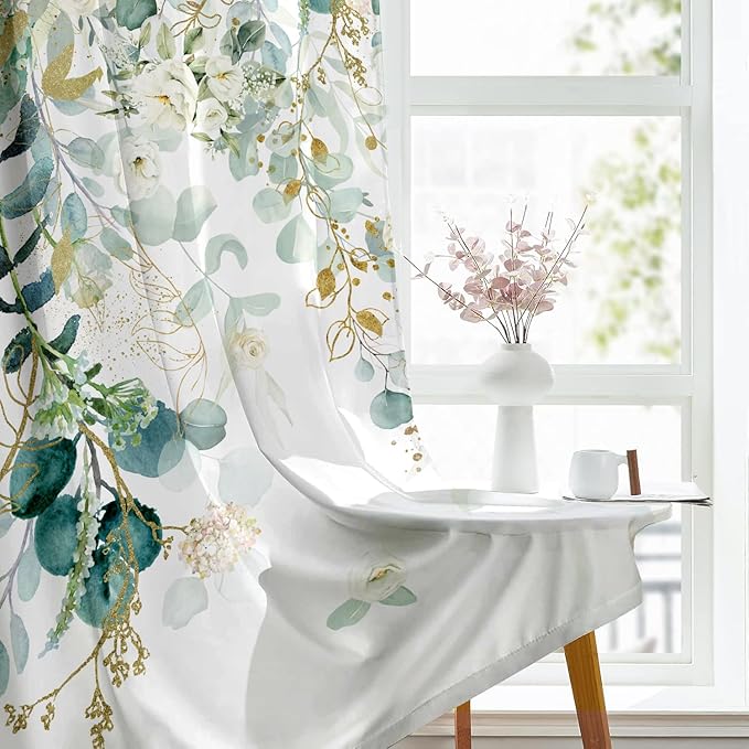Green Eucalyptus Leaves Curtains 63 Inch Length 2 Panels, Elegant Wild Flower Floral Light Filtering Bedroom Living Room Kitchen Curtain for Small Window, Sage Green Drapes Rod Pockets, 42x63 Inches
