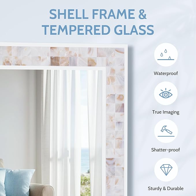 Tanmicoshomy Brown Shell Framed Rectangular Wall Mirrors for Bathroom, 24x36 Inch Mosaic Mirror for Bedroom Living Room or Entryway, Wall Mounted Horizontal or Vertical Hanging