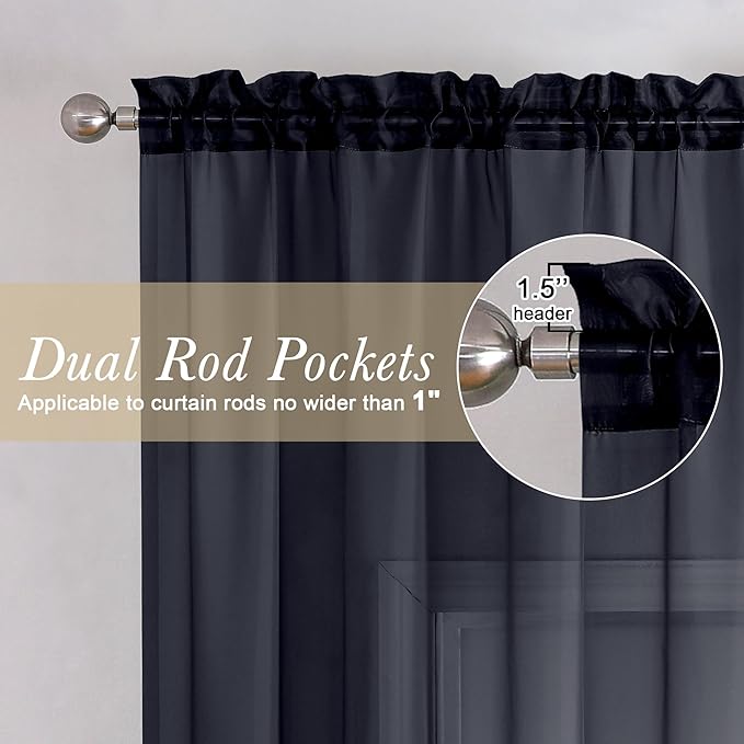 Lecloud Black Sheer Curtain Panels 72 Inch Length, Light Filtering Window Curtain Drapes Treatment for Living Room, Breathable Rod Pocket Sheer Curtains for Bedroom, 2 Panels, Each 40" Wx72 L