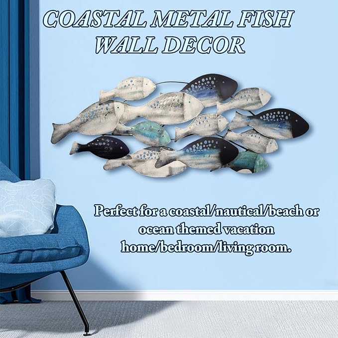 FMXYMC Coastal Ocean Metal 3D Fish Wall Sculpture, 50" x 20", Hand Painted Hanging Decoration for Living Room/Bedroom/Dining Room