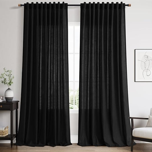 Nanspring Black 102 inch Linen Curtains for Living Room Privacy Semi Sheer Curtains Back Tab and Rod Pocket Simple Modern Linen Blend Curtain for Bedroom/Office Large Window 70x102,2 Panel
