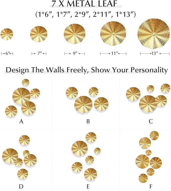 Gold Wall Decor for Living Room Hallway, 7PCS Metal Wall Art Hanging Sculptures Bedroom Decoration, 3D Metal Leaf Accent with 5 Sizes, Large Modern Artwork for Home Office Bathroom Kitchen