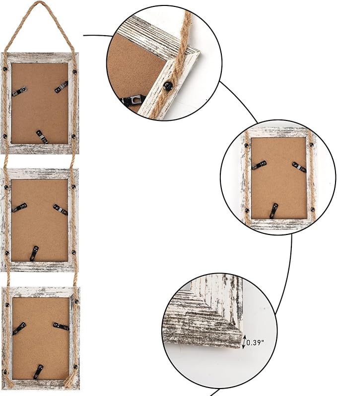 Lavezee 4x6 Picture Frames Collage Distressed White, 3 Opening 4 x 6 Hanging Picture Frames Vertical for 4 by 6 Inch Photos for Wall
