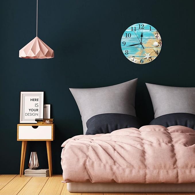 Sea Shells Wood Board Background Wall Clock Battery Operated Silent Ocean Theme Round Clock Wall Decor for Home, Office, School 9.8 Inch