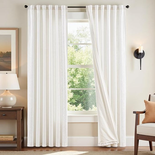 jinchan Winslow Lined Linen Curtains for Bedroom 84 Inches Linen Blended Embroidered Bordered Floral Curtains for Living Room Farmhouse Decor Window Treatments White on White Drapes 2 Panels