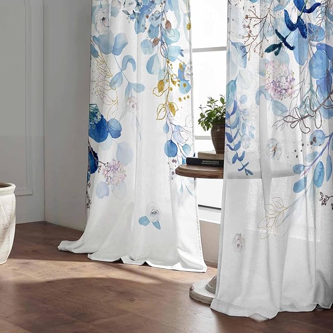 Blue Botanical Curtains 96 Inches Long for Living Room Watercolor Eucalyptus Leaves Light Filtering Curtains Spring Summer Blue and White Drapes for Bedroom Farmhouse Leaf Floral Printed Door Curtain