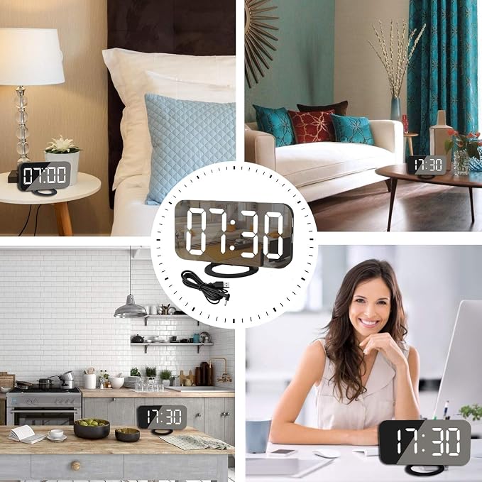 SZELAM Digital Clock Large Display, LED Alarm Electric Clocks Mirror Surface for Makeup with Diming Mode, 3 Levels Brightness, Dual USB Ports Modern Decoration for Home Bedroom Decor-Black - Image 7