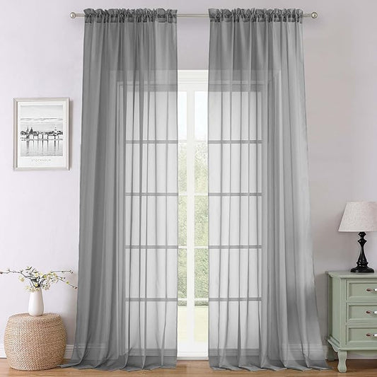 Lecloud Charcoal Grey Sheer Curtains 120 Inches Long 2 Pcs, Light Filtering Rod Pockets Airy Window Curtains for Living Room Decor, Rustic Soft Bedroom Curtain Drapes, Each Panel 59" W x 120" L