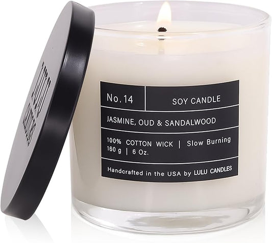 Lulu Candles | Jasmine, Oud & Sandalwood | Luxury Scented Soy Jar Candle | Hand Poured in The USA | Highly Scented Long Lasting (6 Oz.)