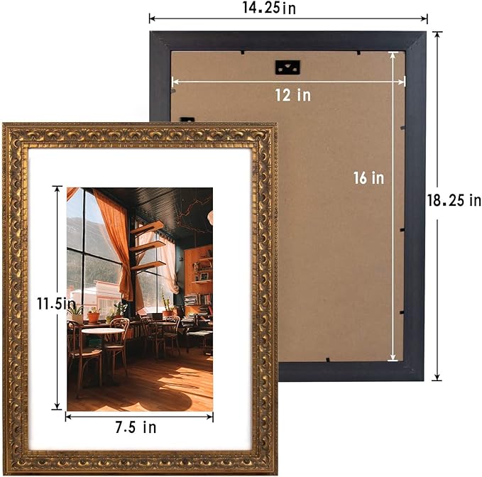Golden State Art, 12x16 Ornate Bronze Color Frame - White Mat for 8x12 Photo - Complex Molding Design - Wall Mounting - Portrait/Landscape - Tempered Glass