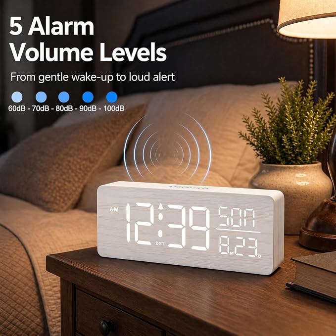 Peakeep Wooden Digital Alarm Clock Large Display, Textured Decoration - Image 6