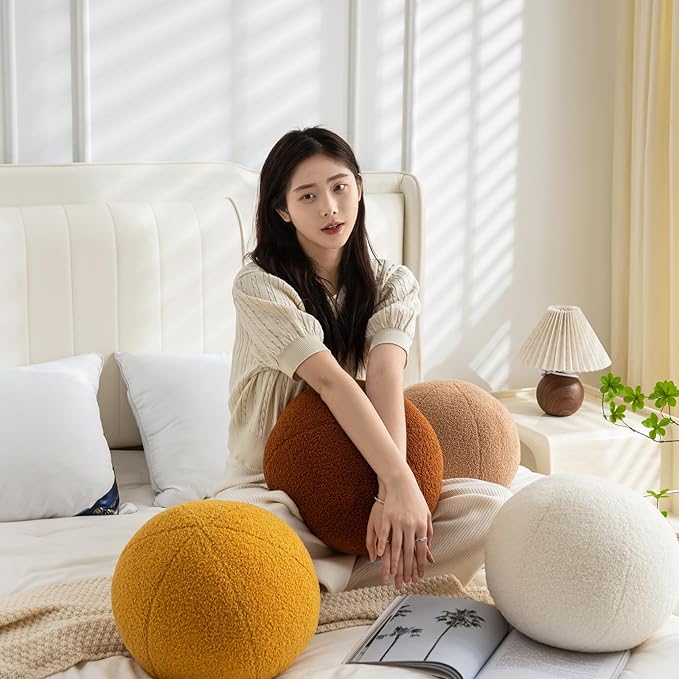 11.8 inch Ball Pillow Nordic Round Throw Pillows Boucle Ball Pillow Sphere Shaped Pillow Round Decorative Pillow for Couch, Sofa, Bedroom (Khaki, 11.8 inch)
