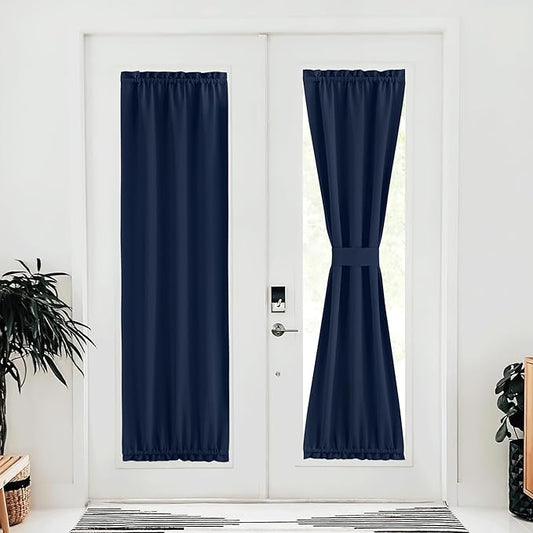 NICETOWN Doorway Blackout Curtain for Door Window, Thermal Insulated Temporary Window Treatment Covering for Glass Door Rod Pocket with Tieback, 25" x 80", Navy, 1 Panel