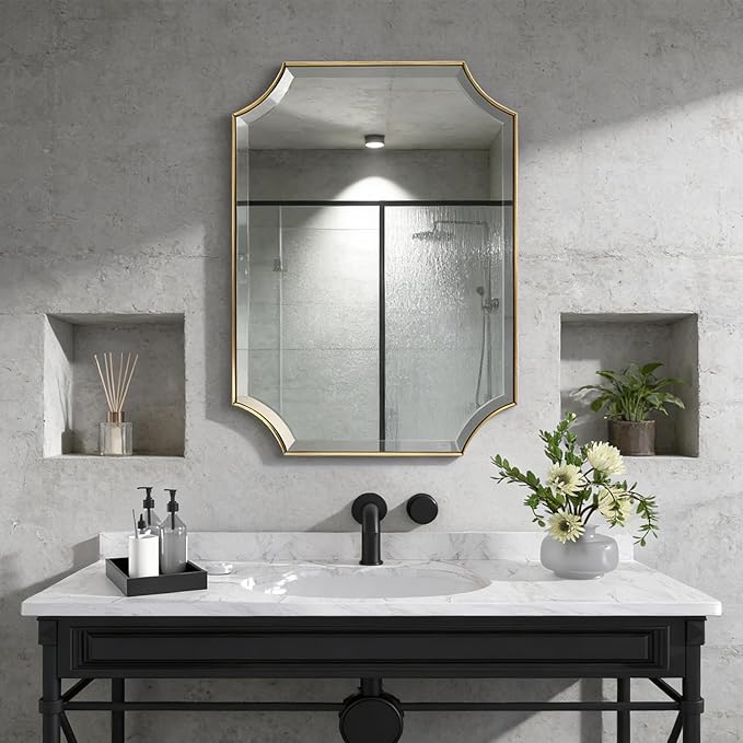 POZINO Rectangle Beveled Mirror, 24"x36" Brushed Gold Bathroom Vanity Mirror with Stainless Steel Frame, Aesthetic Wall Mirrors for Living Room Bedroom Hallway Entryway, Horizontal or Vertical Hanging