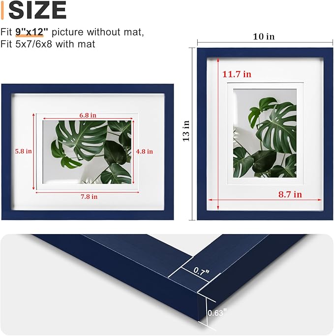 Egofine 9x12 Picture Frames 4PCS Covered by Plexiglass, Wood Frames for Pictures 5x7/6x8 with Mat or 9x12 without Mat, Tabletop and Wall Mounting Display, Navy Blue
