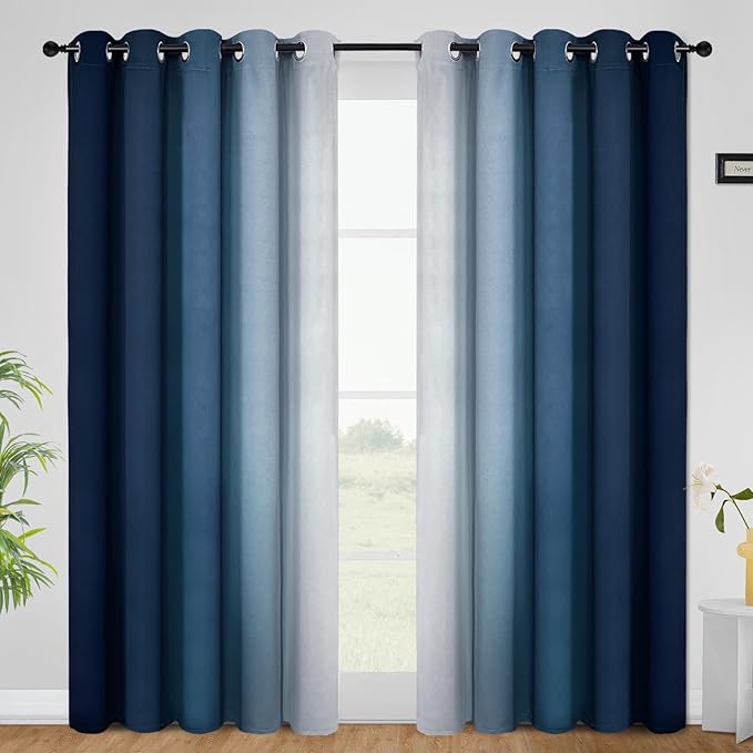 COSVIYA Curtains & Drapes Ombre Blue Curtains 84 inch Length 2 Panels, Grommet Room Darkening Light Blocking Insulated Thermal Gradient Window Curtains for Bedroom/Living Room,62x84 inches