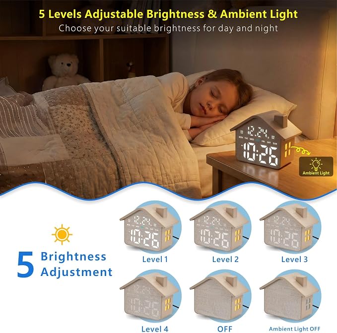 Plumeet Digital Alarm Clock, Bedroom Clock with Large Numbers, Date, Week, Dual Alarms, Dimmer and Ambient Light, House-Shaped Electric Bedside Desk Clock, Adapter Batteries Powered, Grey - Image 3
