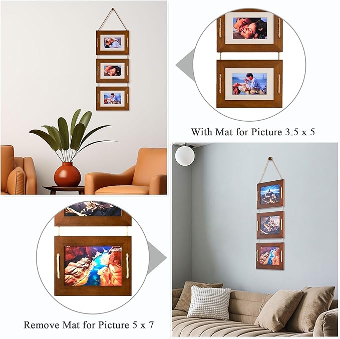 DLQuarts 5x7 Hanging Picture Frames Collage Wall Decor, 3 Opening 5x7 Matted to 3.5x5 Photo Rustic Wood Frame, Dark Walnut