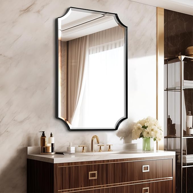 POZINO Rectangle Beveled Mirror, 24"x40" Modern Bathroom Vanity Mirror for Over Sink, Matte Black Rounded Corner Oblong Mirrors for Living Room Bedroom Entryway, Horizontal or Vertical Hanging