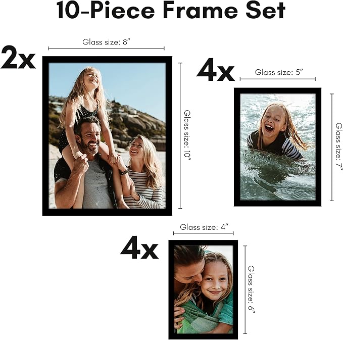 Americanflat Set of 10 Picture Frames with Shatter-Resistant Glass - Gallery Wall Frame Set with Two 8x10, Four 5x7 and Four 4x6 Frames - Streamline Collection - Black