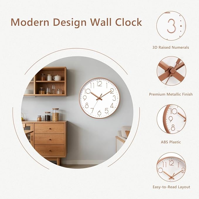 Wall Clock - 10 Inch Silent Non-Ticking Modern 3D Wall Clocks Battery Operated - Decorative Clock for Kitchen, Home Office, Bathroom, Bedroom(Rose Gold)