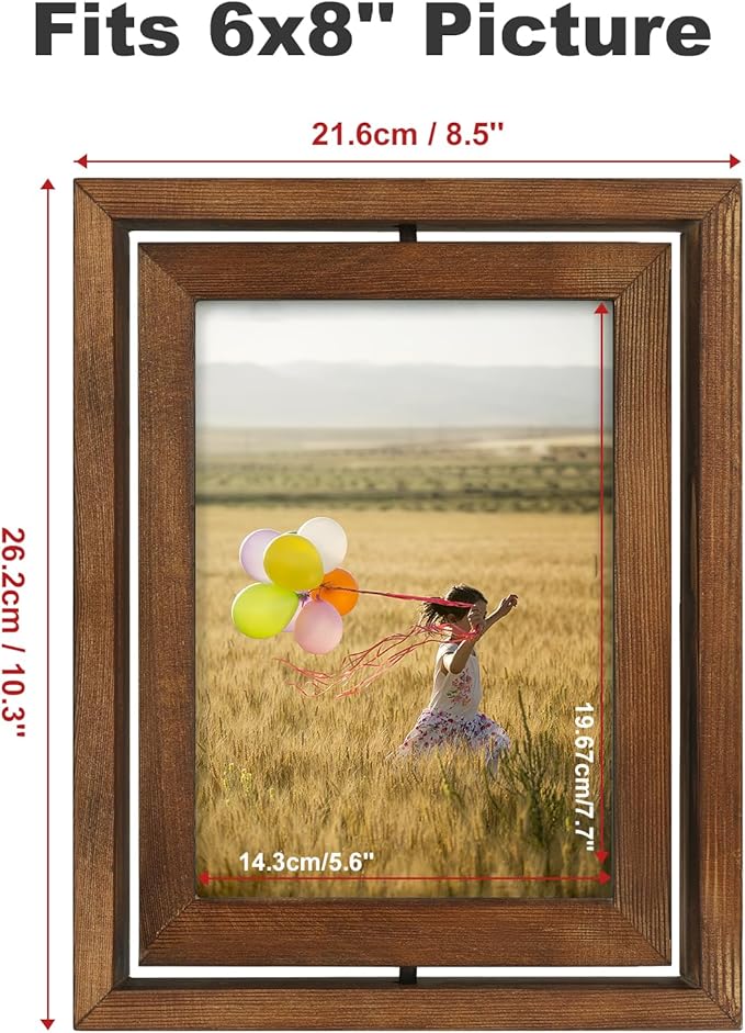 Egofine 2 Pack 6x8 Rotating Floating Picture Frames,Double-Sided Display with HD Glass Front Wooden Distressed Frame for Vertical or Horizontal Tabletop Display, Carbonization
