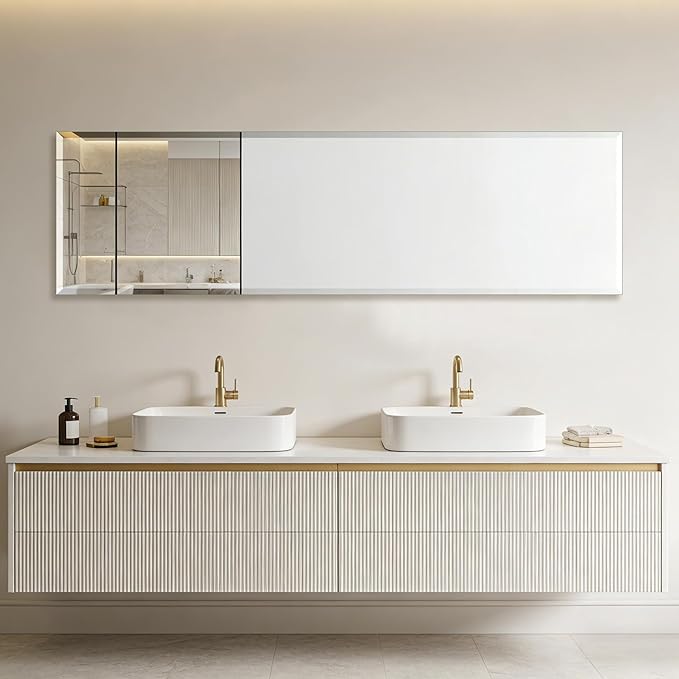 Ruomeng Frameless Full Length Mirror for Wall, 55x16 Inch Bathroom Vanity Mirror Farmhouse, Large Rectangle Mirror with Beveled Edge, Tempered Glass, Hangs Horizontally or Vertically