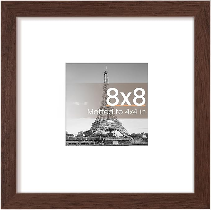 upsimples 8x8 Picture Frame, Display Pictures 4x4 with Mat or 8 x 8 Without, Wall Hanging Photo Frames, Brown, 1 Pack