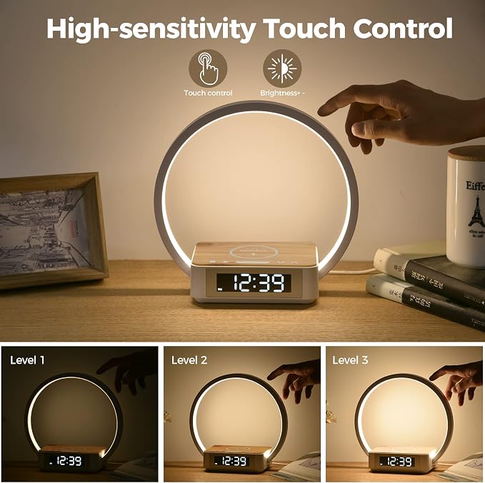 Desk Lamp with Alarm Clock Qi Wireless Charger, Touch Lamp for bedroom - Image 2