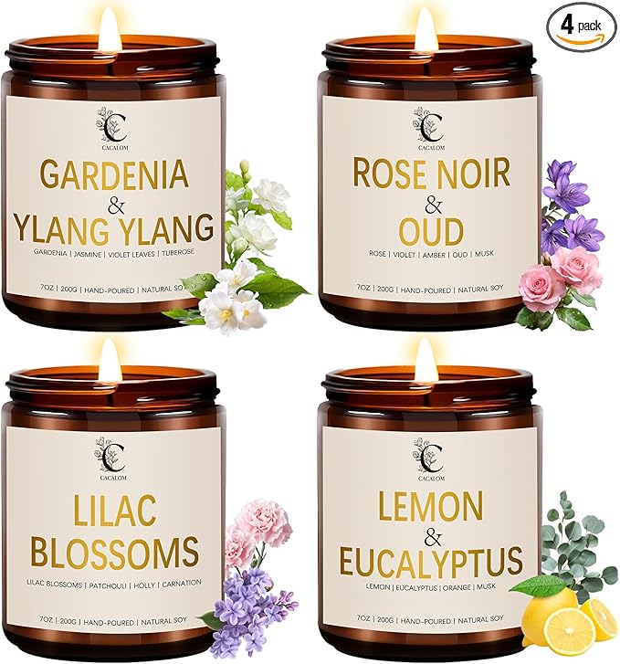 Scented Candles Set, 4Pack Floral Candles, Women Candles Gifts Valentine's Day Gift for Her Long Lasting Soy Wax Candle Non Toxic for Home Decor Aromatherapy, Rose/Lemon/Gardenia/Lilac