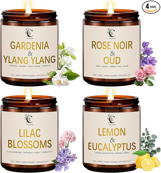 Scented Candles Set, 4Pack Floral Candles, Women Candles Gifts Valentine's Day Gift for Her Long Lasting Soy Wax Candle Non Toxic for Home Decor Aromatherapy, Rose/Lemon/Gardenia/Lilac