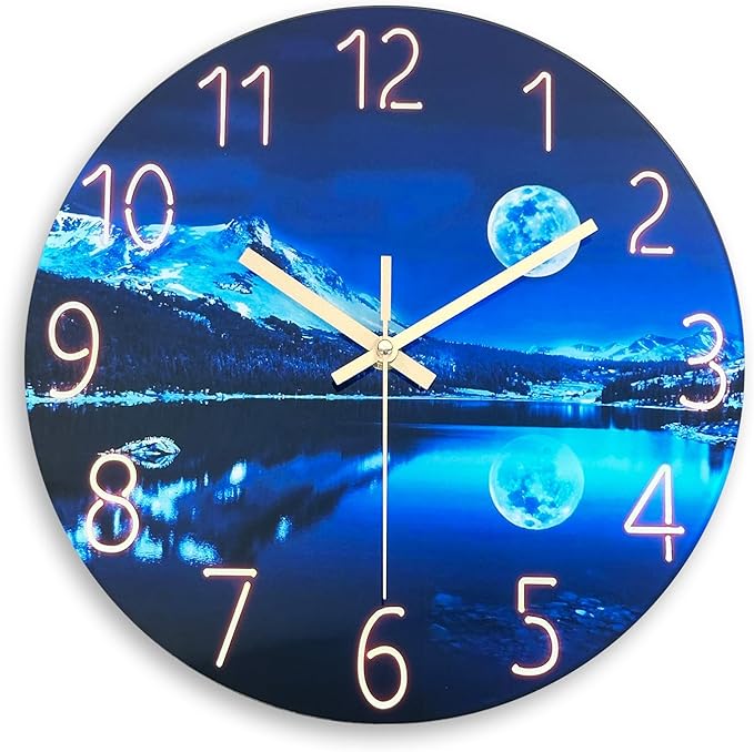 Blue Wall Clock for Bedroom 12 Inch Natural Landscape Round Analog Clock Battery Operated Moon Wall Clock Non Ticking