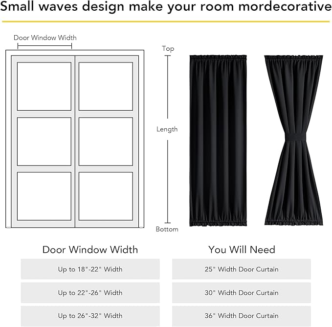 NICETOWN 100% Blackout Door Curtain Thermal Insulated Privacy Curtain for French Front Door with Adjustable Tieback, Room Darkening Window Covering for Kitchen, W30 x L72, 1 Panel, Black