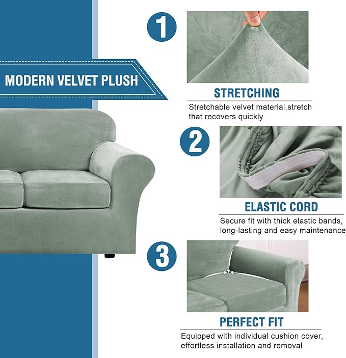 H.VERSAILTEX Rich Velvet Stretch 2 Piece Cover Chair Slipcover Sofa Cover Furniture Protector Couch Soft with Elastic Bottom Chair Couch Cover with Arms Width Up to 49 Inch(Chair, Sea Grass)