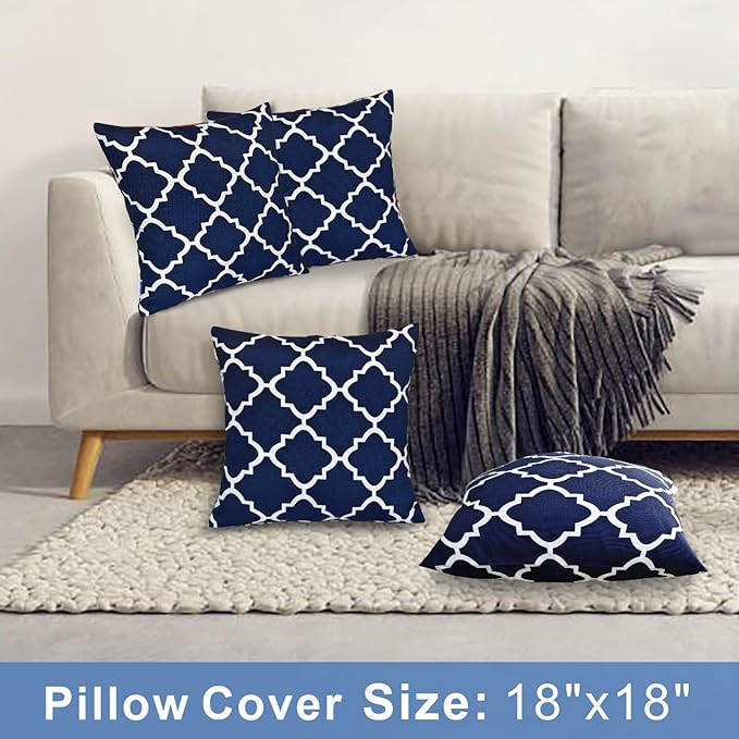 JMGBird Water-Resistant Outdoor Pillows Set of 2, 18x18 inch Durable Navy Blue Grid Pattern Throw Pillows with Inserts for Patio Furniture