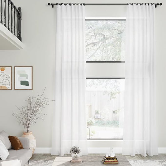 Nanspring Linen White Curtains 2 Panels Set Back Tab Light Filtering Semi Sheer Drape Extra Long for Living Room Modern Farmhouse Decor Linen Textured Curtain for Floor to Ceiling Window 52x228