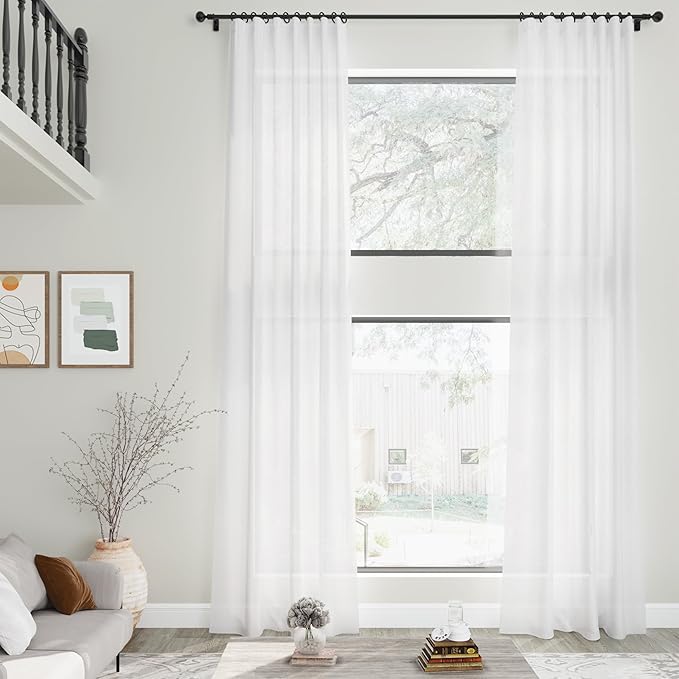 Nanspring White Linen Curtains 168 Inches Long Back Tab Extra Long Curtains for Living Room Farmhouse Light Filtering Semi Sheer Linen Drapes Ceiling to Floor for Large Window 2 Panels Set 52x168