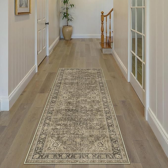 2x6 Washable Runner Rug Brown Vintage Non Slip Soft Low Pile Hallway Kitchen Rug Distressed Oriental Carpet for Laundry Bathroom Bedroom Living Room Home Decor