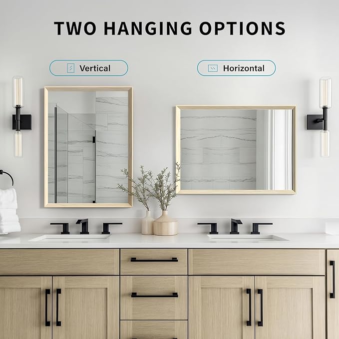 Oak Wood Effect Framed Wall Mirror, 30x36 Rectangle Mirror, Anti-desilvering Tempered Glass, Sustainable& Sturdy Frame, Farmhouse Mirror, Anti-Rust, 3min Fast Setup for Bathroom Living Room