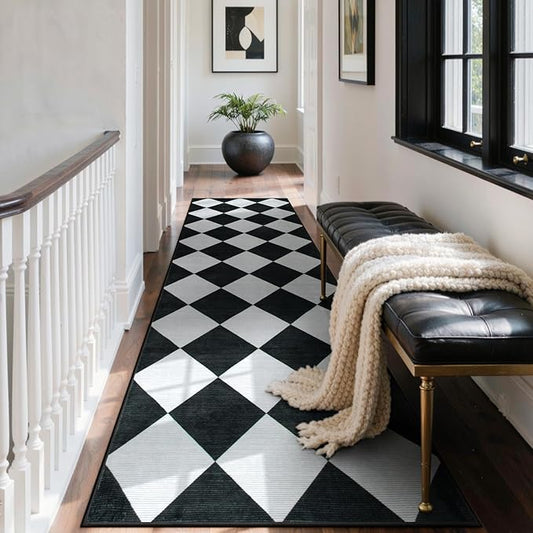 Beeiva Checkered Print Runners for Hallways 2.5x8, Ultra Thin Black Kitchen Runners Non Skid Washable 8 ft, Modern Diamond Stain Resistant Low Pile Carpet for Bathroom Entryway Bedroom Laundry